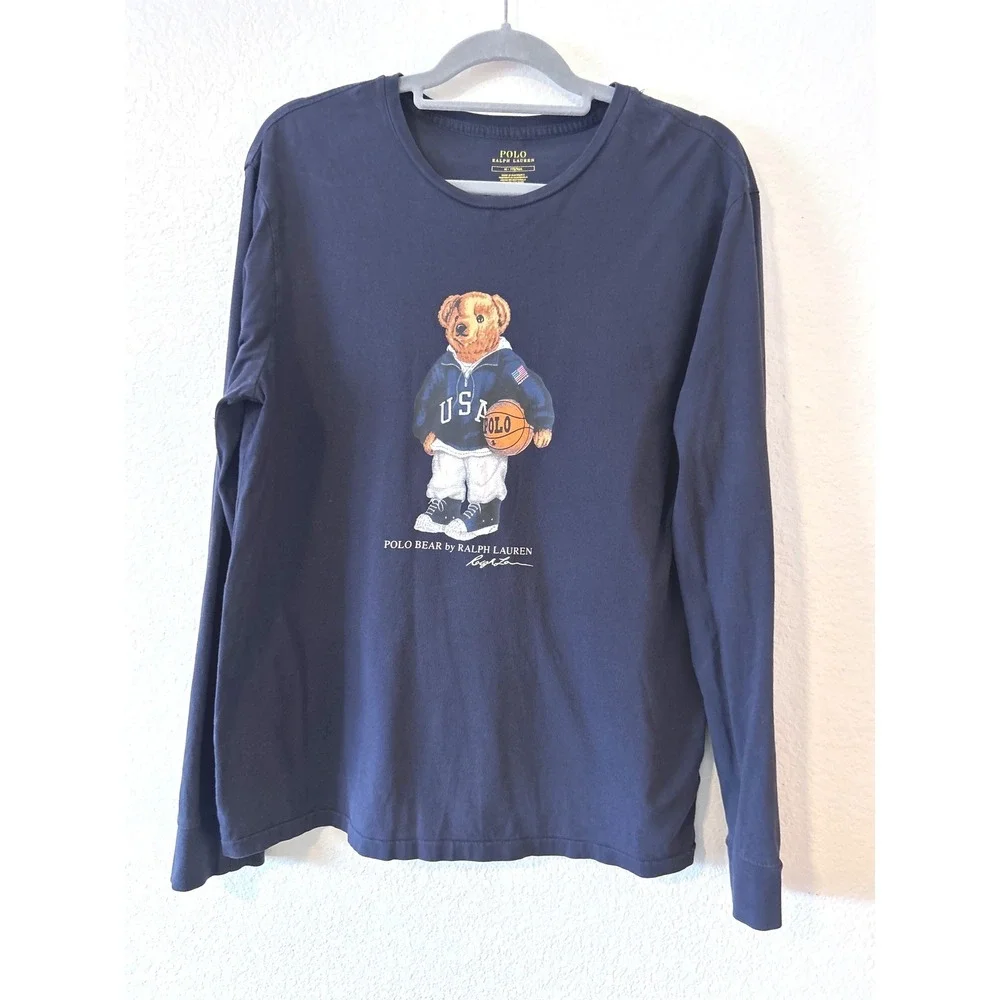 Polo Ralph Lauren Navy Blue Polo Bear‎ USA Basketball Long Sleeve T-Shirt SZ M